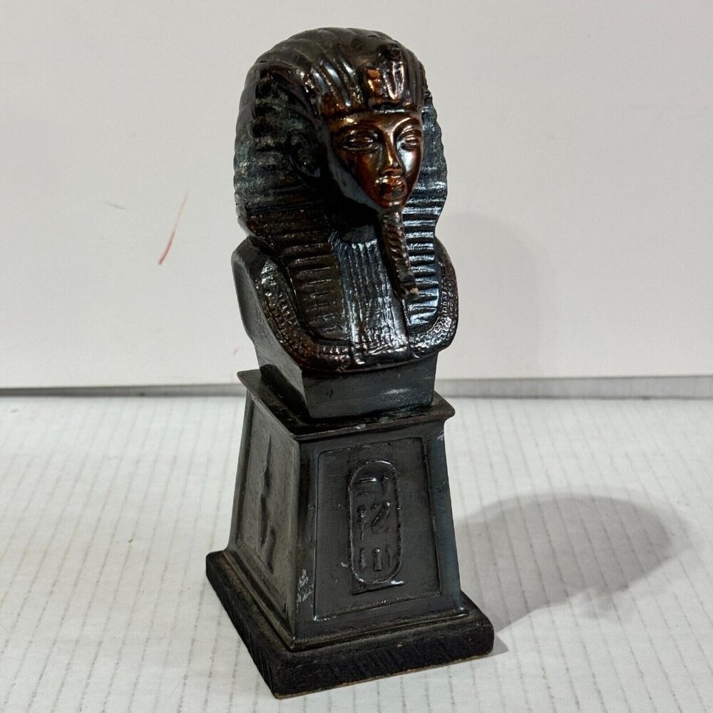Vintage King Tut Bust 6.5" Statue Figurine Egypt Pharoah Heavy Metal Wood Base